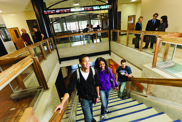 Students in the business building