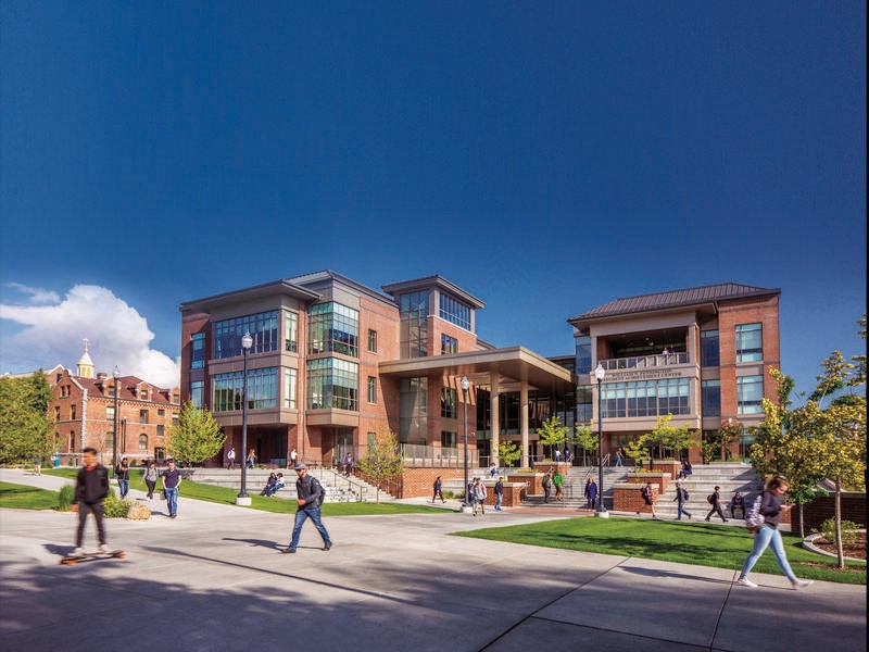 Pennington Student Services Building with students and staff walking 