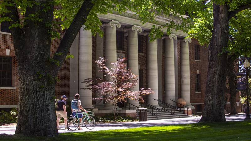 Students walking past buildings and trees on the University Quad